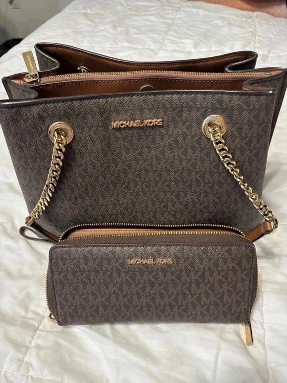 Michael Kors Brown Logo Chain Tote with Matching Zip Wallet